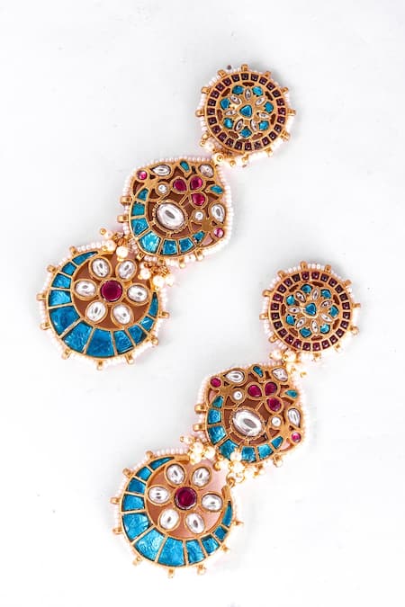Shop Zevar King Multi Color Diamonds, Pearls Jadau Kundan Embellished Chandbalis at Aza Fashions Shop_Zevar King_Multi Color Diamonds, Pearls Jadau Kundan Embellished Chandbalis _at_Aza_Fashions