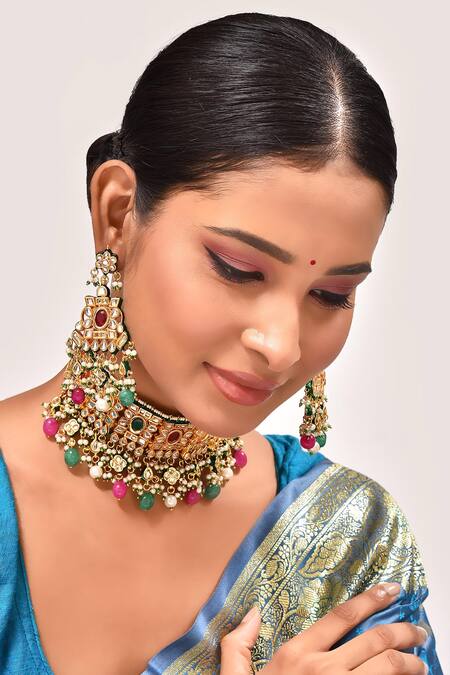 Zevar By Geeta_Gold Plated Stones, Pearls Kundan And Embellished Choker Necklace Set _at_Aza_Fashions