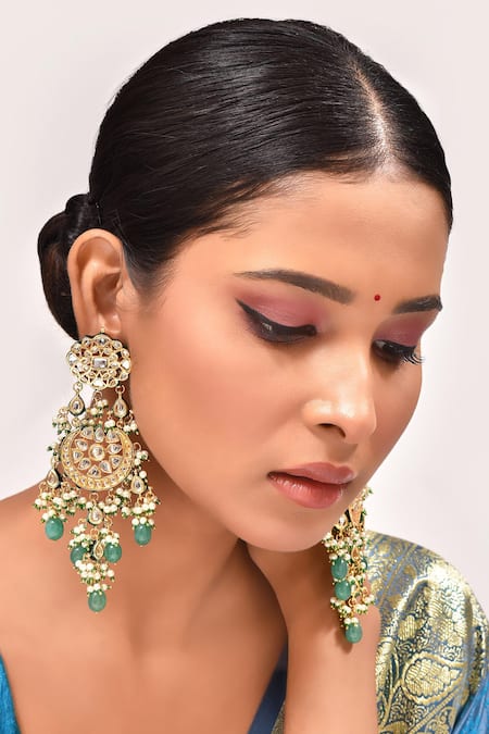 Shop_Zevar By Geeta_Gold Plated Pearls Kundan And Embellished Dangler Earrings _Online_at_Aza_Fashions