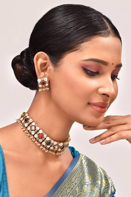 Zevar By Geeta_Multi Color Pearls Navratan Stone And Kundan Embellished Choker Necklace Set _at_Aza_Fashions