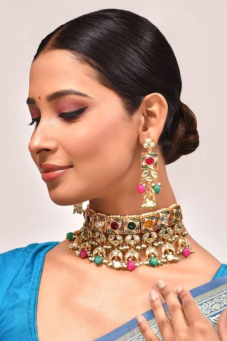 Zevar By Geeta_Multi Color Pearls, Gota Patti, Navratan And Kundan Embellished Necklace Set _at_Aza_Fashions