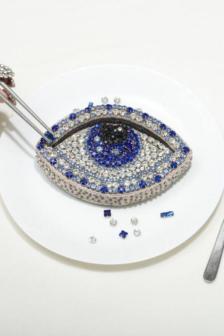 Ozel Silver Embellished Evil Eye Rhinestone Studded Clutch
