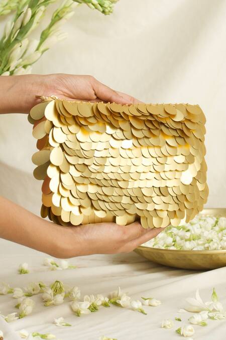 Ozel_Gold Embellished Sequin Studded Clutch_Online_at_Aza_Fashions