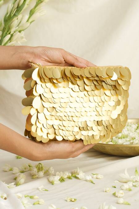 Buy_Ozel_Gold Embellished Sequin Studded Clutch_Online_at_Aza_Fashions