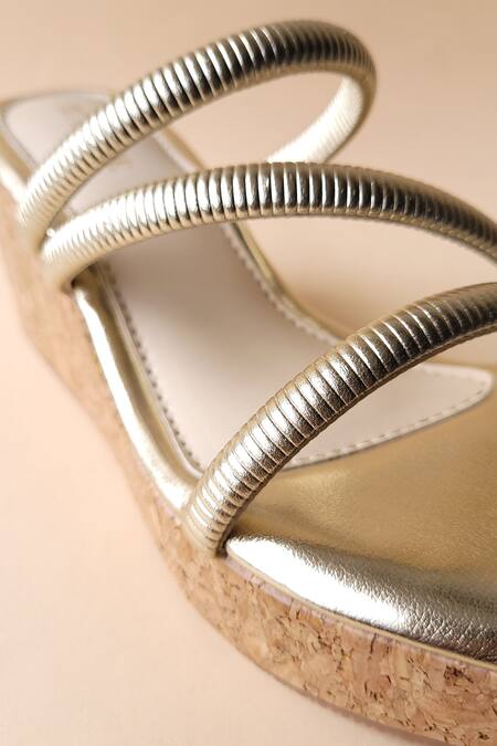 Tic Tac Toe Footwear_Gold Embellished Textured Cross Strap Wedges_Online_at_Aza_Fashions