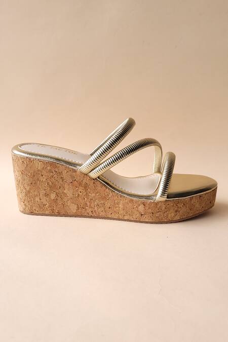 Buy_Tic Tac Toe Footwear_Gold Embellished Textured Cross Strap Wedges_Online_at_Aza_Fashions