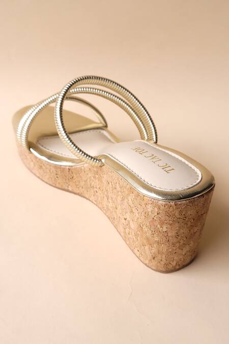 Shop_Tic Tac Toe Footwear_Gold Embellished Textured Cross Strap Wedges_Online_at_Aza_Fashions