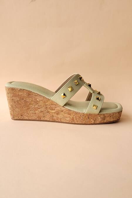 Tic Tac Toe Footwear_Green Studs Embellished Cut Out Wedges_Online_at_Aza_Fashions