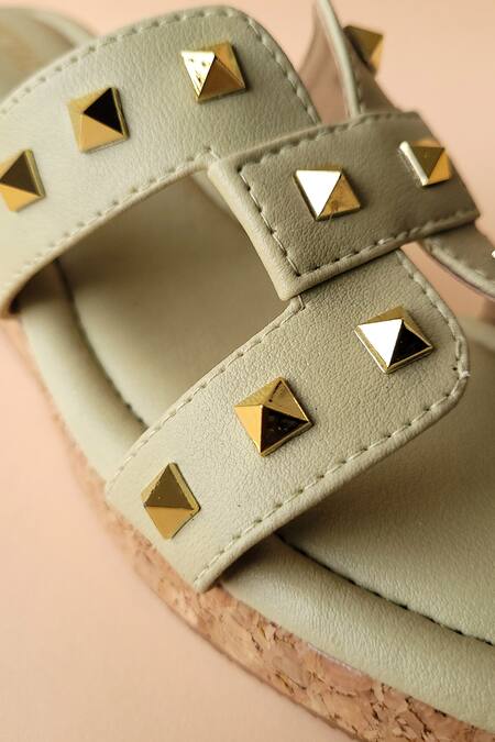 Buy_Tic Tac Toe Footwear_Green Studs Embellished Cut Out Wedges_Online_at_Aza_Fashions