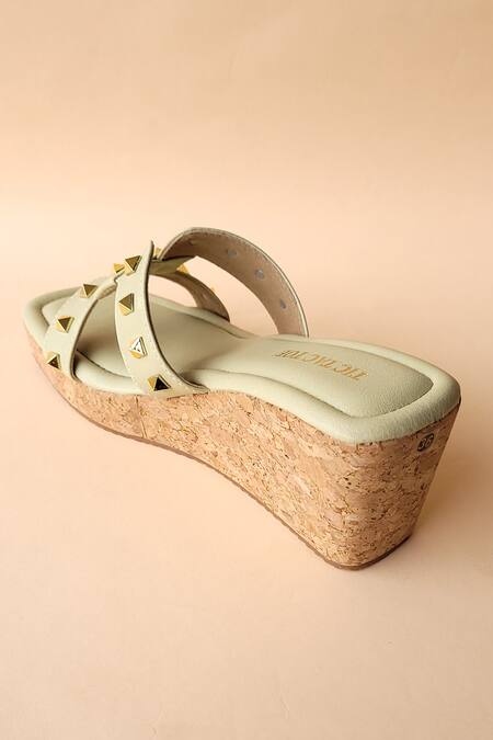 Shop_Tic Tac Toe Footwear_Green Studs Embellished Cut Out Wedges_Online_at_Aza_Fashions