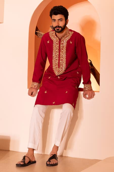 Shreyansh Designs Red Silk, Cotton Embroidery Saheb Hand Kurta With Pant at Aza Fashions Shreyansh Designs_Red Silk, Cotton Embroidery Saheb Hand Kurta With Pant _at_Aza_Fashions