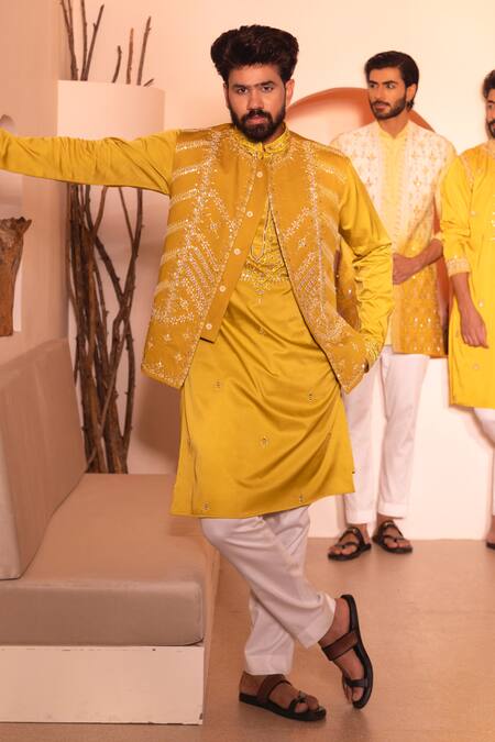 Shop Shreyansh Designs Yellow Silk Sequins, Beads, Embroidery Gulzar Hand Waistcoat Online at Aza Fashions Shop_Shreyansh Designs_Yellow Silk Sequins, Beads, Embroidery Gulzar Hand Waistcoat _Online_at_Aza_Fashions
