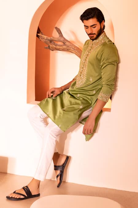 Shop Shreyansh Designs Green Silk, Cotton Sequins Raihbar Floral Embroidered Placket Kurta With Pant Online at Aza Fashions Shop_Shreyansh Designs_Green Silk, Cotton Sequins Raihbar Floral Embroidered Placket Kurta With Pant _Online_at_Aza_Fashions