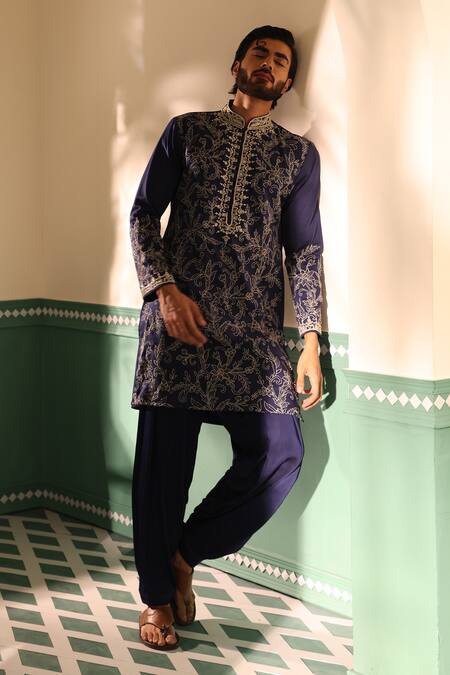 Shreyansh Designs Blue Silk Cut Work Gul Floral Embroidered Kurta With Pant at Aza Fashions Shreyansh Designs_Blue Silk Cut Work Gul Floral Embroidered Kurta With Pant _at_Aza_Fashions