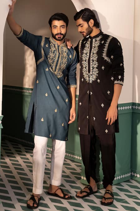 Shreyansh Designs Black Silk Cut Work, Embroidery Shehanshah Geometric Kurta With Pant at Aza Fashions Shreyansh Designs_Black Silk Cut Work, Embroidery Shehanshah Geometric Kurta With Pant _at_Aza_Fashions