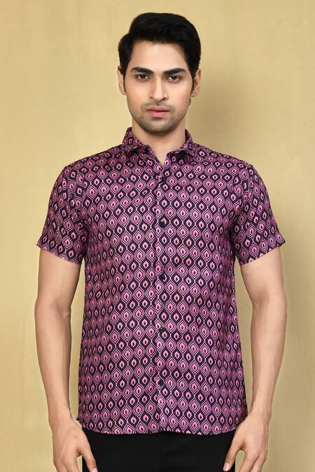 Arihant Rai Sinha_Pink Lycra Geometric Print Shirt _Online_at_Aza_Fashions