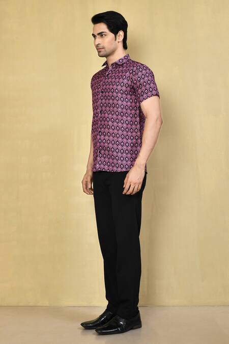 Shop_Arihant Rai Sinha_Pink Lycra Geometric Print Shirt _Online_at_Aza_Fashions