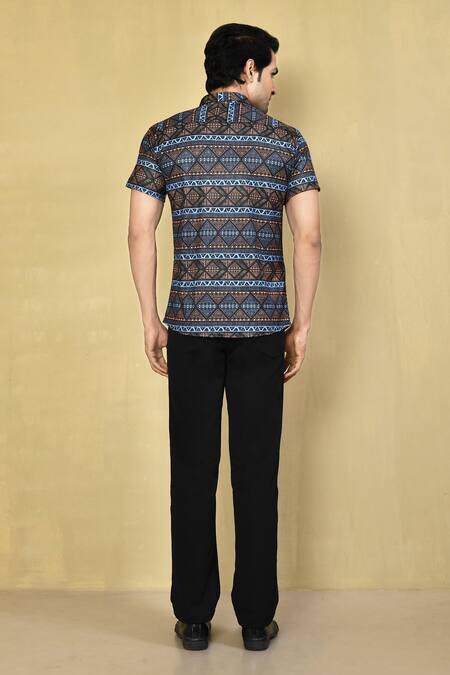 Shop_Aryavir Malhotra_Multi Color Lycra Geometric Print Shirt_at_Aza_Fashions