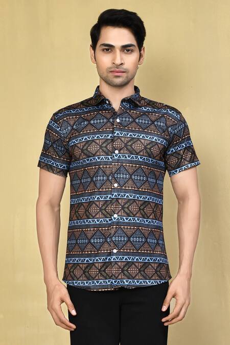 Aryavir Malhotra Multi Color Lycra Geometric Print Shirt Online at Aza Fashions Aryavir Malhotra_Multi Color Lycra Geometric Print Shirt_Online_at_Aza_Fashions