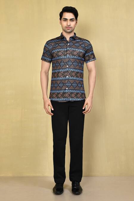 Buy_Aryavir Malhotra_Multi Color Lycra Geometric Print Shirt_Online_at_Aza_Fashions