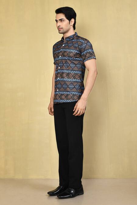 Shop_Aryavir Malhotra_Multi Color Lycra Geometric Print Shirt_Online_at_Aza_Fashions