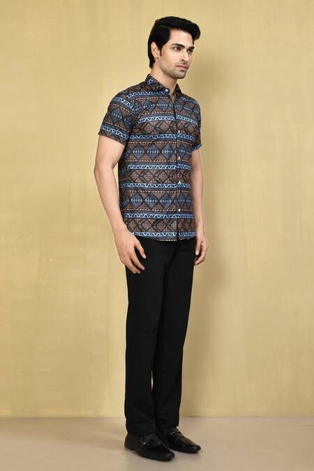 Aryavir Malhotra_Multi Color Lycra Geometric Print Shirt_at_Aza_Fashions