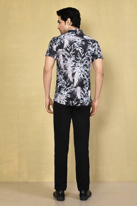 Shop_Arihant Rai Sinha_Black Lycra Embroidery Floral Print Shirt _at_Aza_Fashions