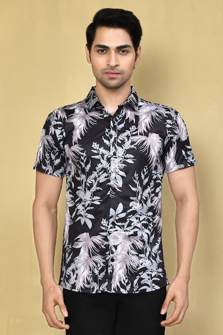 Arihant Rai Sinha_Black Lycra Embroidery Floral Print Shirt _Online_at_Aza_Fashions