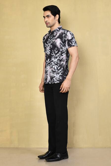 Shop_Arihant Rai Sinha_Black Lycra Embroidery Floral Print Shirt _Online_at_Aza_Fashions