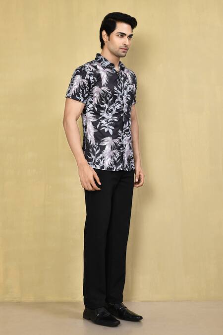 Arihant Rai Sinha_Black Lycra Embroidery Floral Print Shirt _at_Aza_Fashions