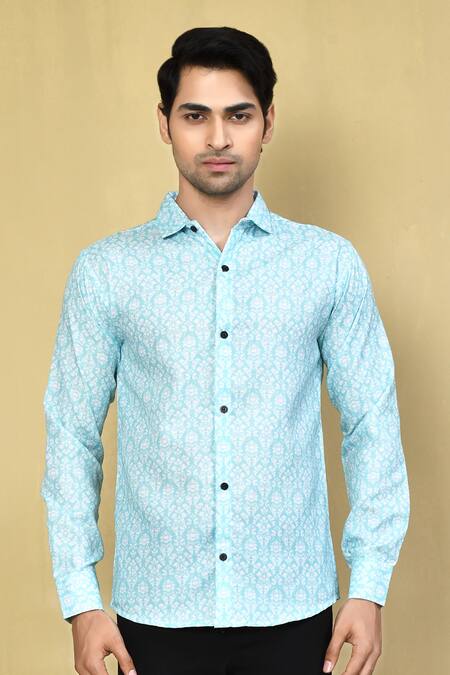 Arihant Rai Sinha_Green Cotton Embroidery Floral Print Shirt _Online_at_Aza_Fashions