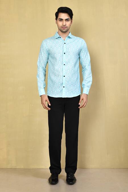 Buy_Arihant Rai Sinha_Green Cotton Embroidery Floral Print Shirt _Online_at_Aza_Fashions