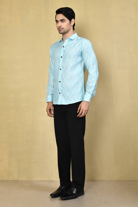 Shop_Arihant Rai Sinha_Green Cotton Embroidery Floral Print Shirt _Online_at_Aza_Fashions
