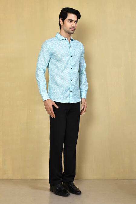 Arihant Rai Sinha_Green Cotton Embroidery Floral Print Shirt _at_Aza_Fashions
