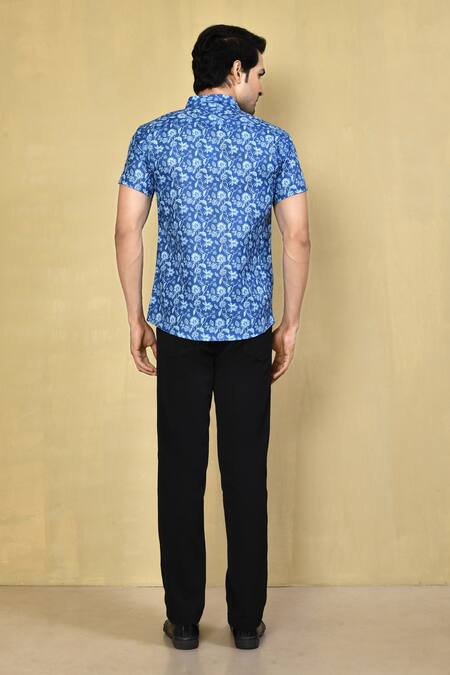 Shop_Arihant Rai Sinha_Blue Cotton Embroidery Printed Shirt _at_Aza_Fashions