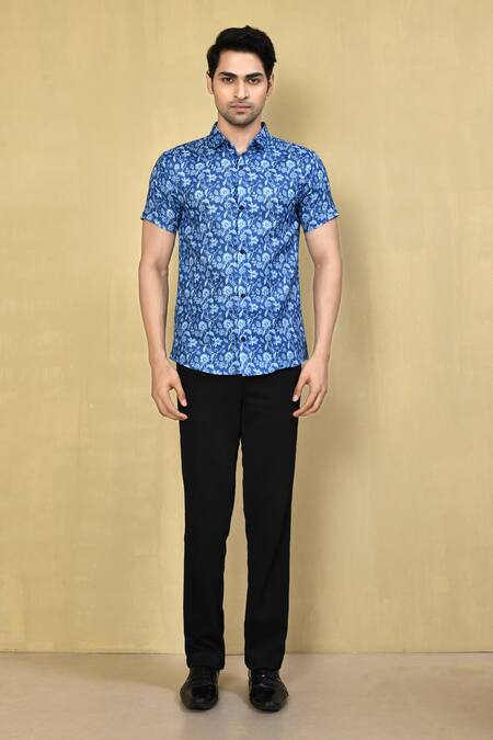 Arihant Rai Sinha_Blue Cotton Embroidery Printed Shirt _Online_at_Aza_Fashions
