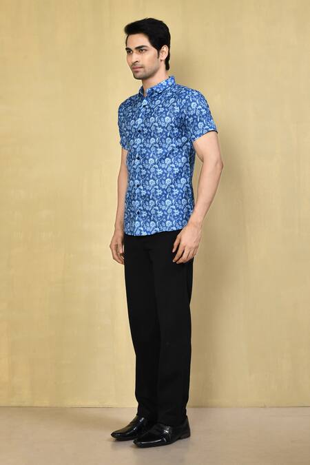 Shop_Arihant Rai Sinha_Blue Cotton Embroidery Printed Shirt _Online_at_Aza_Fashions