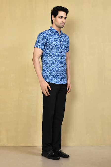 Arihant Rai Sinha_Blue Cotton Embroidery Printed Shirt _at_Aza_Fashions
