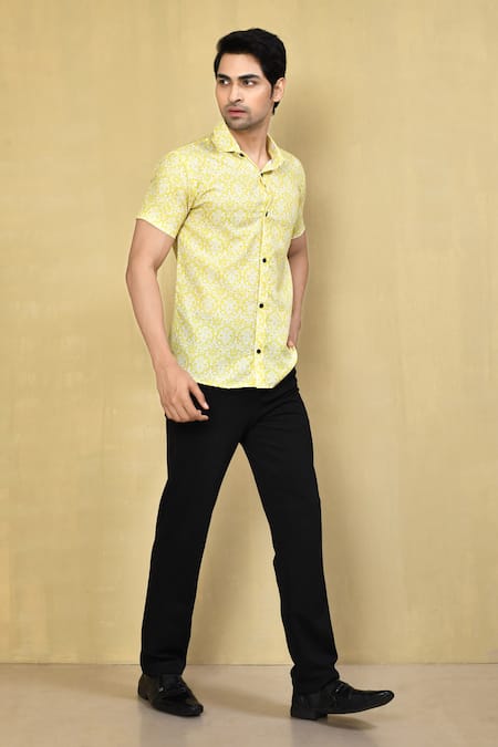 Arihant Rai Sinha Yellow Cotton Printed Floral Shirt