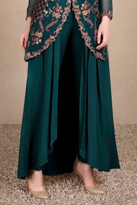 Saaj By Ankita Green Organza, Modal Sequins, Cut Work High Neck, Embroidered Jacket Pant Set Online at Aza Fashions Saaj By Ankita_Green Organza, Modal Sequins, Cut Work High Neck, Embroidered Jacket Pant Set _Online_at_Aza_Fashions