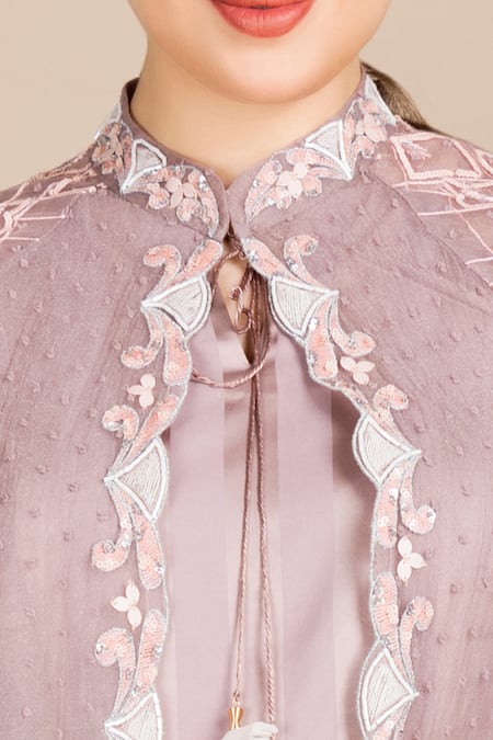 Shop Saaj By Ankita Purple Satin, Georgette, Organza Embroidery, Cut Work, Midi Dress With Jacket at Aza Fashions Shop_Saaj By Ankita_Purple Satin, Georgette, Organza Embroidery, Cut Work, Midi Dress With Jacket _at_Aza_Fashions