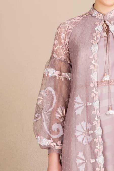 Saaj By Ankita Purple Satin, Georgette, Organza Embroidery, Cut Work, Midi Dress With Jacket Online at Aza Fashions Saaj By Ankita_Purple Satin, Georgette, Organza Embroidery, Cut Work, Midi Dress With Jacket _Online_at_Aza_Fashions