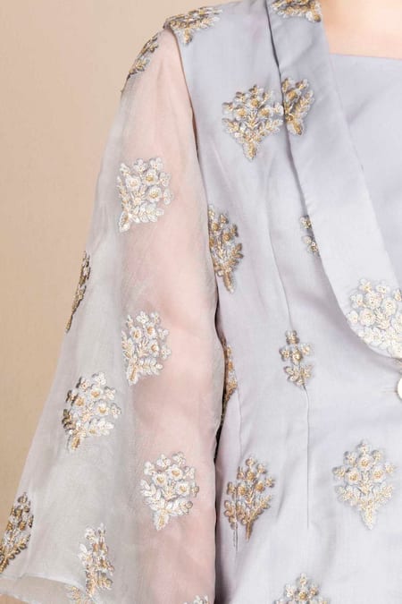 Shop Saaj By Ankita Grey Modal, Organza Embroidery, Sequins Square Neck Blazer And Pant Set at Aza Fashions Shop_Saaj By Ankita_Grey Modal, Organza Embroidery, Sequins Square Neck Blazer And Pant Set _at_Aza_Fashions