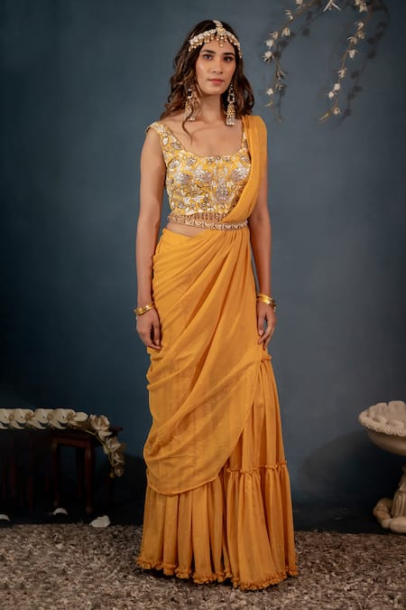 Saaj by Ankita Pre-Draped Sharara Saree With Embroidered Blouse 