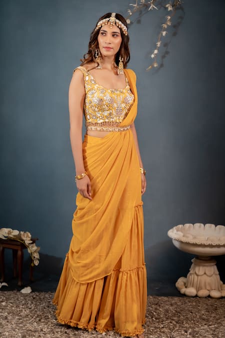 Buy_Saaj By Ankita_Yellow Lurex, Georgette Pre-draped Sharara Saree With Embroidered Blouse _Online_at_Aza_Fashions