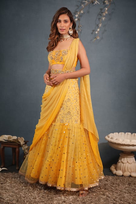 Saaj By Ankita Yellow Net, Chiffon, Georgette Beads, Work Pre-draped Lehenga Saree With Blouse Online at Aza Fashions Saaj By Ankita_Yellow Net, Chiffon, Georgette Beads, Work Pre-draped Lehenga Saree With Blouse_Online_at_Aza_Fashions