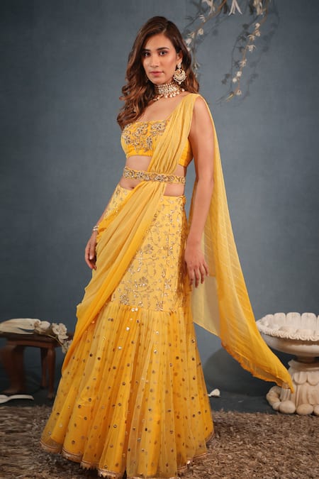 Amazon.com: Lehenga Saree Belt Set Ready To Wear For Womens Bollywood Style  Apple Organza Fabric With Sequence Embroidery Work Fully stitched Yellow  Color : Clothing, Shoes & Jewelry