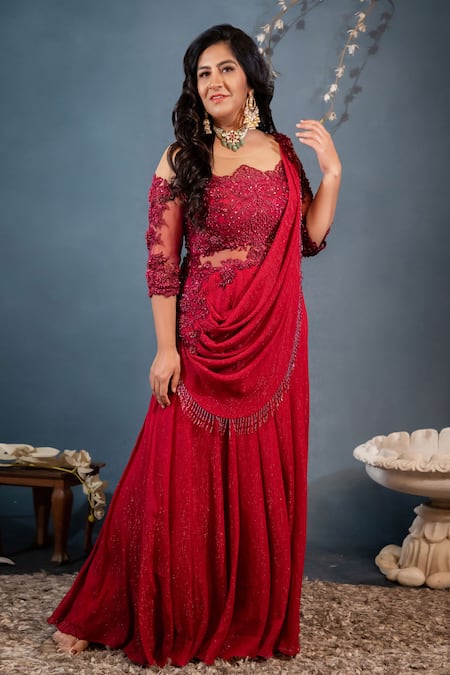Saaj By Ankita Red Pre-draped Anarkali-gown Saree Online at Aza Fashions Saaj By Ankita_Red Pre-draped Anarkali-gown Saree_Online_at_Aza_Fashions