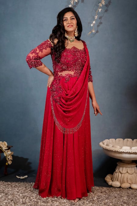 Buy Saaj By Ankita Red Pre-draped Anarkali-gown Saree Online at Aza Fashions Buy_Saaj By Ankita_Red Pre-draped Anarkali-gown Saree_Online_at_Aza_Fashions