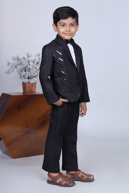 Buy_Little Brats_Black Cotton, Satin, Viscose Double Panel Tuxedo Pant Set _Online_at_Aza_Fashions